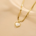 Gold snake chain necklace with pearl heart pendant and engraved Love charm on silk - White Shell Heart Necklace (H6154) / Gold