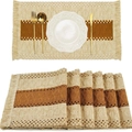 Bohemian woven placemat set in beige and brown with elegant fringe and diamond pattern - Yellow Brown Color Block
