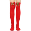 Detail of red Christmas over-knee socks with festive bow and ribbed knit texture - One Size / Red Green Bowknot Decor / Solid Red