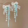 Orecchini a fiocco in chiffon con nappine di perline azzurre e perle bianche da donna - Stile Nappina con Perline e Fiocco (41#) / Blu