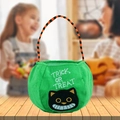 Green plush Halloween cat trick or treat candy bag with orange striped handles - Round Green Black Cat