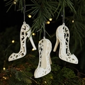 White glitter high heel Christmas ornament hanging on tree with warm festive lighting - High Heel/3 Packs