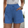 Detalle de pantalones cortos de lino azul con cintura alta elástica y cordón ajustable - S / Bottoms / Azul