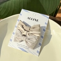 Three-piece striped and solid beige bow hair clips on aesthetic display tray - Bow Duckbill Clips 3Pcs Set / Khaki Striped