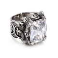 Vintage gothic titanium steel ring for men with rectangular zircon and cross engraving - Steel White