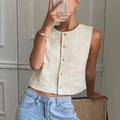 Women's cream white sleeveless cropped vest with golden buttons and front pockets - S / Apricot