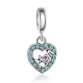 Silver heart pendant with blue crystals and Mom cursive text for DIY jewelry - Mom Heart / Blue Crystal