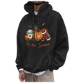 Men's black Thanksgiving hoodie with pumpkin and football print, fleece lined casual style - S / Tops / Black