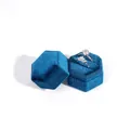 Dark blue velvet hexagonal jewelry box with double slots showing two silver rings - Peacock Blue Double Slot