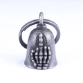 Detailed view of motorcycle guardian bell with skull middle finger relief in antique silver - Antique Silver (Pendant With Clasp) (GBK-013)
