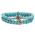 Blue turquoise bead bracelets with rose gold crown charms and natural lava stone - Green Turquoise Rose Gold Crown 2Pcs Set Bracelet
