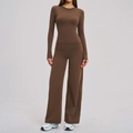 Tweeledige koffiebruine yogaset met top met lange mouwen en wijde broek met hoge taille - S / Chocoladebruin