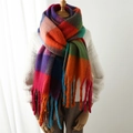 Rainbow plaid winter scarf with fringe in soft faux cashmere on a wooden mannequin - Saturated Contrast Plaid (WJ137-25)