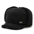 Black winter trapper hat with faux lamb wool lining and metal sports badge detail - One Size / Black