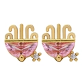 Gold stud earrings with semi-circular pink cubic zirconia and small white crystal - Pink Semi-Circle
