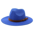 Detail of blue straw fedora hat featuring brown suede band and tassel with metal buckle - M (56-58cm) / Sapphire Blue