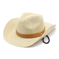 Western straw cowboy hat for men and women with 9cm wide brim and brown leather band - M(56-58cm) / Beige