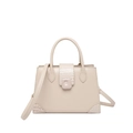 Beige crossbody bag with crocodile embossed trim and dual round handles for women - Khaki