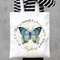 White canvas tote bag featuring an artistic butterfly print and inspirational quote text - Inspirational Butterfly (STD707-H)
