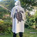 Grey oversized hooded beach poncho with sea turtle print, quick-dry changing robe - One Size / Pocket Style - Grey Turtle