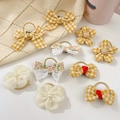 Set of cute yellow plaid bow and floral lace hair ties with pearls for kids - Yellow Plaid 10Pcs Set
