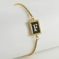 Gold plated stainless steel box chain bracelet with black enamel letter F pendant - Letter F (ZH497G-F-02)