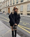 Macro detail of black chunky knit texture on oversized high neck sweater for women - S / Black