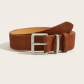 Vintage brown suede waist belt with double rectangular silver buckle on neutral background - Camel/Antique Silver Buckle