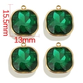 Detailed view of green square-cut glass gemstone pendants with gold bases, 15.5mm x 13mm - Round Square / Green
