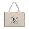 Linen canvas tote bag with letter C floral wreath print and navy blue trim detail - Butterfly Floral Letter C