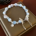 Blue and white gradient beaded bracelet with silver flower and butterfly charms - Butterfly Flower Crystal Beaded Bracelet