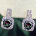 Sparkling silver square halo stud earrings with multi-color aurora round-cut zircon stones - Colorful