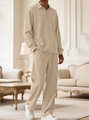 Detailed view of men's beige waffle knit texture on a long-sleeve polo and pants set - S / Khaki