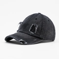 Distressed dark grey denim baseball cap with vintage frayed holes and curved brim style - Black / Adjustable