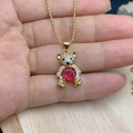 Golden bear pendant necklace with red crystal and white zircon stones on beaded chain - Red Stone Style (A)