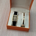 Montre dorée rectangulaire avec bracelet en cuir noir et jonc LOVE en coffret cadeau - Style 28 (Sans boîte)