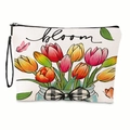 Borsa per cosmetici in tela bianca con stampa tulipani, scritta bloom e fiocco - Stile Tulipano Bloom (Con Cinturino)