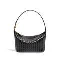 Borsa a spalla in pelle intrecciata nera con finiture dorate e design a mezzaluna elegante - Nero