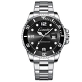 Men's diving watch with black sunburst dial, stainless steel band and date window - Silver Steel Band Black Dial
