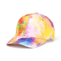 Colorful tie-dye baseball cap in vibrant yellow, pink, and blue, casual 45-degree angle view - Yellow Pink Blue Purple Tie-Dye
