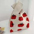 Cute knitted tote bag with red persimmon patterns on cream background in 45-degree view - Off-white Wish Come True