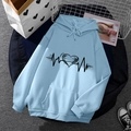 Unisex light blue fleece hoodie featuring black heart pulse print with drawstring hood - S / Tops / Light Blue