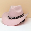 Pink wool felt jazz fedora hat with black belt and silver bull head metal buckle - M (56-58cm) / Pink (Black Bull Head Band)