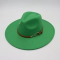 Detail of green fedora hat featuring a brown leather band and gold horseshoe buckle - Grass Green (Heart Buckle)