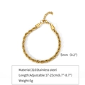 5mm golden 316 stainless steel rope chain bracelet with adjustable 17-22cm length - 5mm / Gold