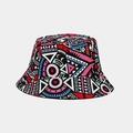 Detail of bohemian geometric print on reversible sun hat made of breathable cotton fabric - One Size / Ethnic Red Pink Geometric Print (1#)