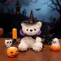 White teddy bear plush in Halloween wizard outfit with a black cape and pointed hat - White Bear - Purple Collar Cape