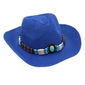 Detailed view of a blue straw cowboy hat with intricate ethnic turquoise bead band - Sapphire Blue