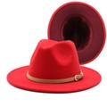 Roter Wollfilzhut mit kontrastierendem Futter und braunem Lederband mit Gold-Schnalle - M (56-58cm) / Rot+Weinrot