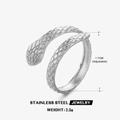 Adjustable silver snake ring in stainless steel with detailed scale texture - Snake Style (ZN139S) / Silver